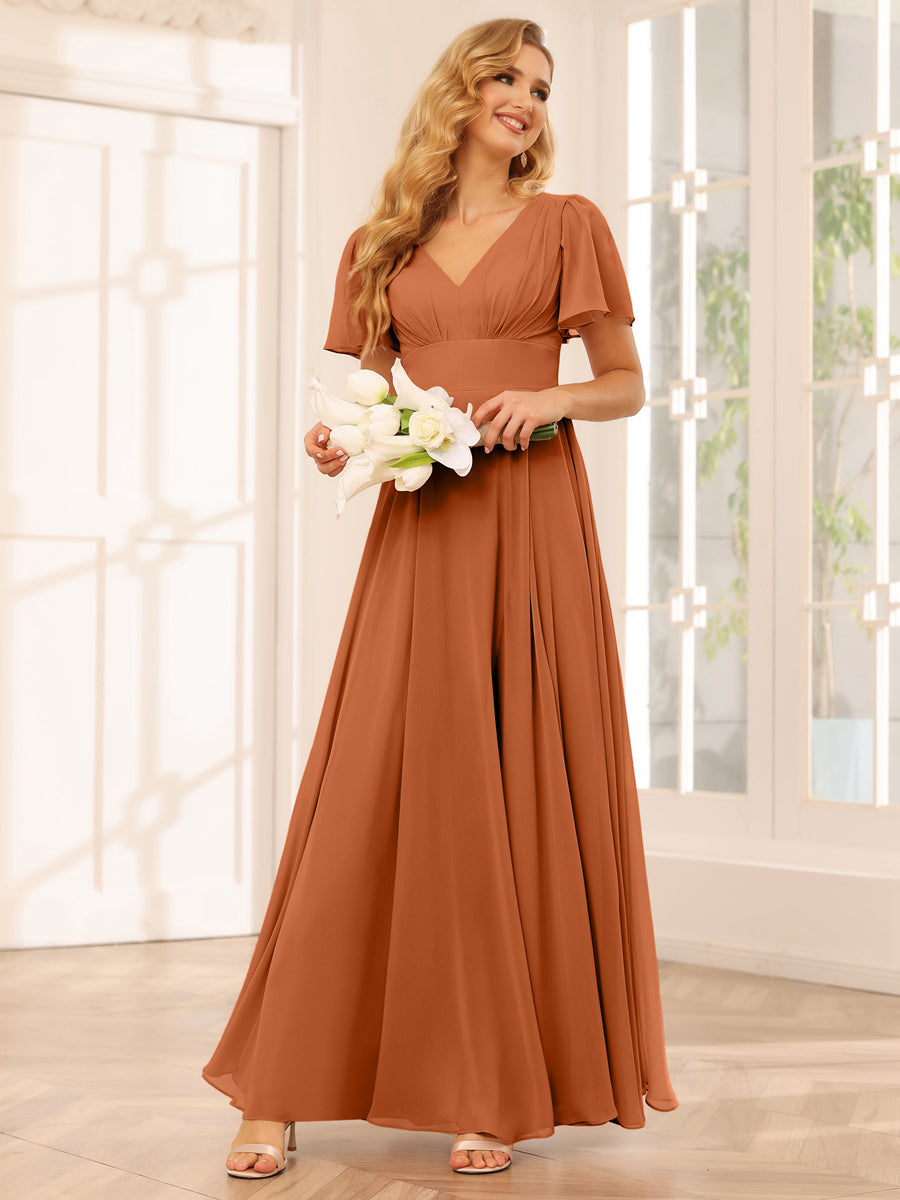 A-Line/Princess V-Neck Long Bridesmaid Dresses with Split Side Burnt Orange