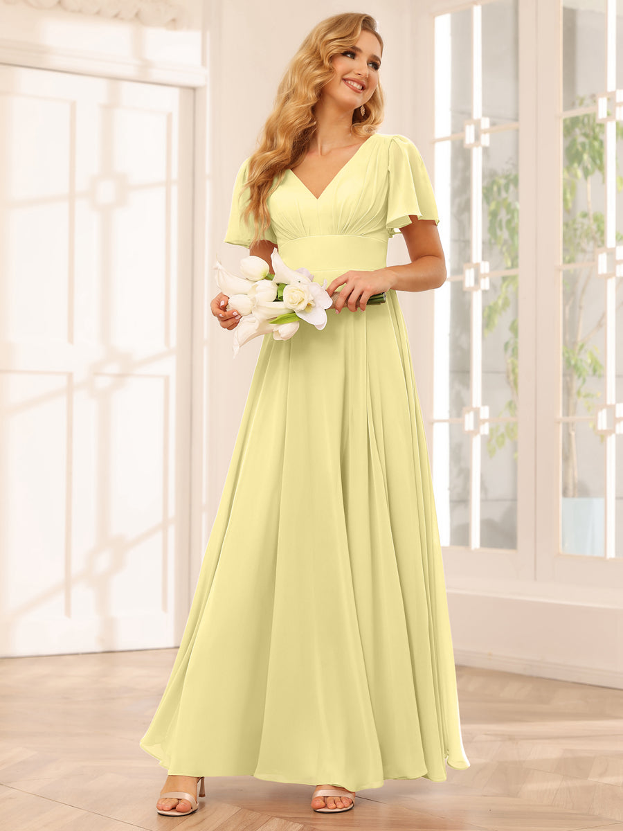 A-Line/Princess V-Neck Long Bridesmaid Dresses with Split Side Canary