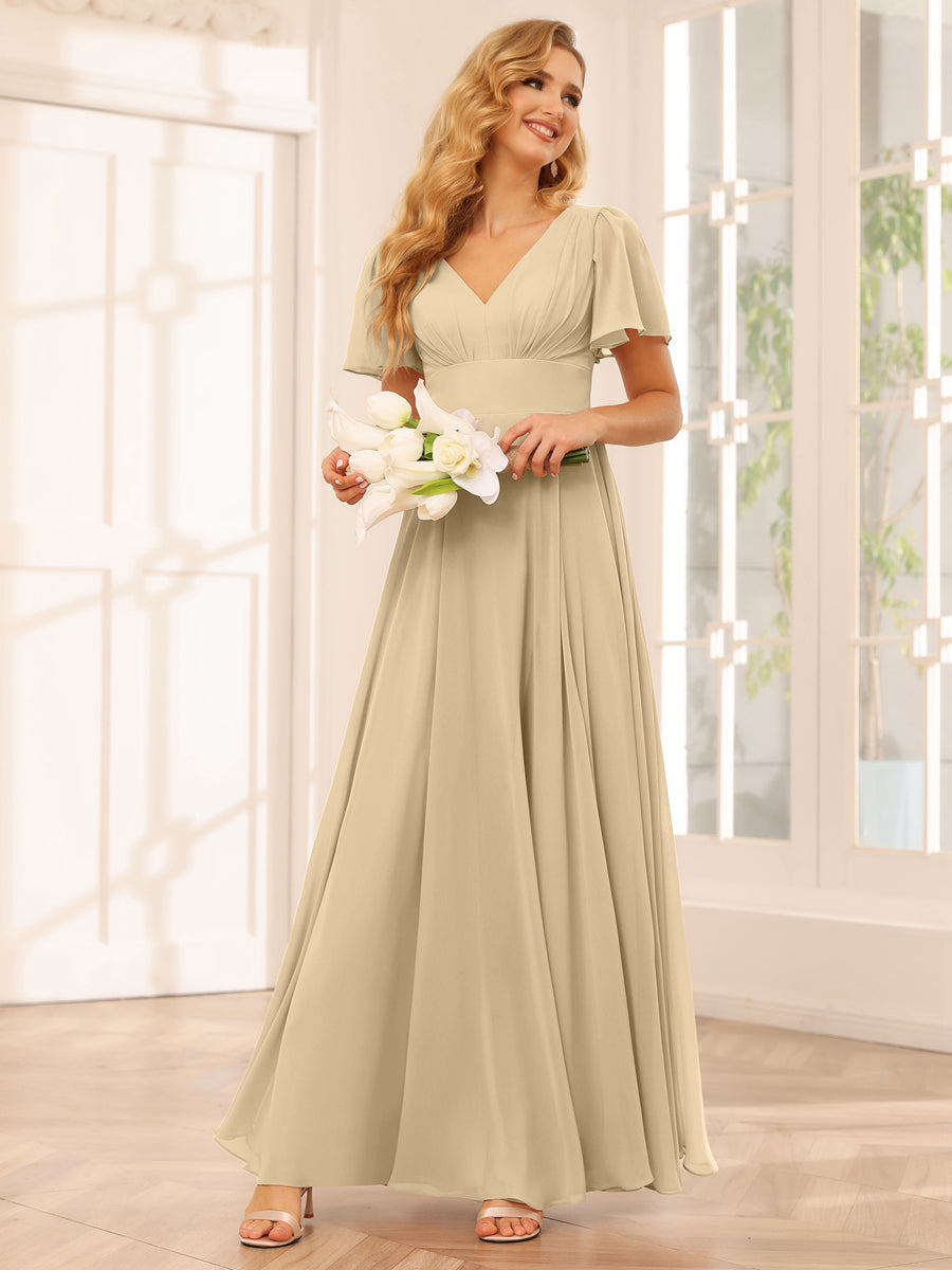 A-Line/Princess V-Neck Long Bridesmaid Dresses with Split Side Champagne