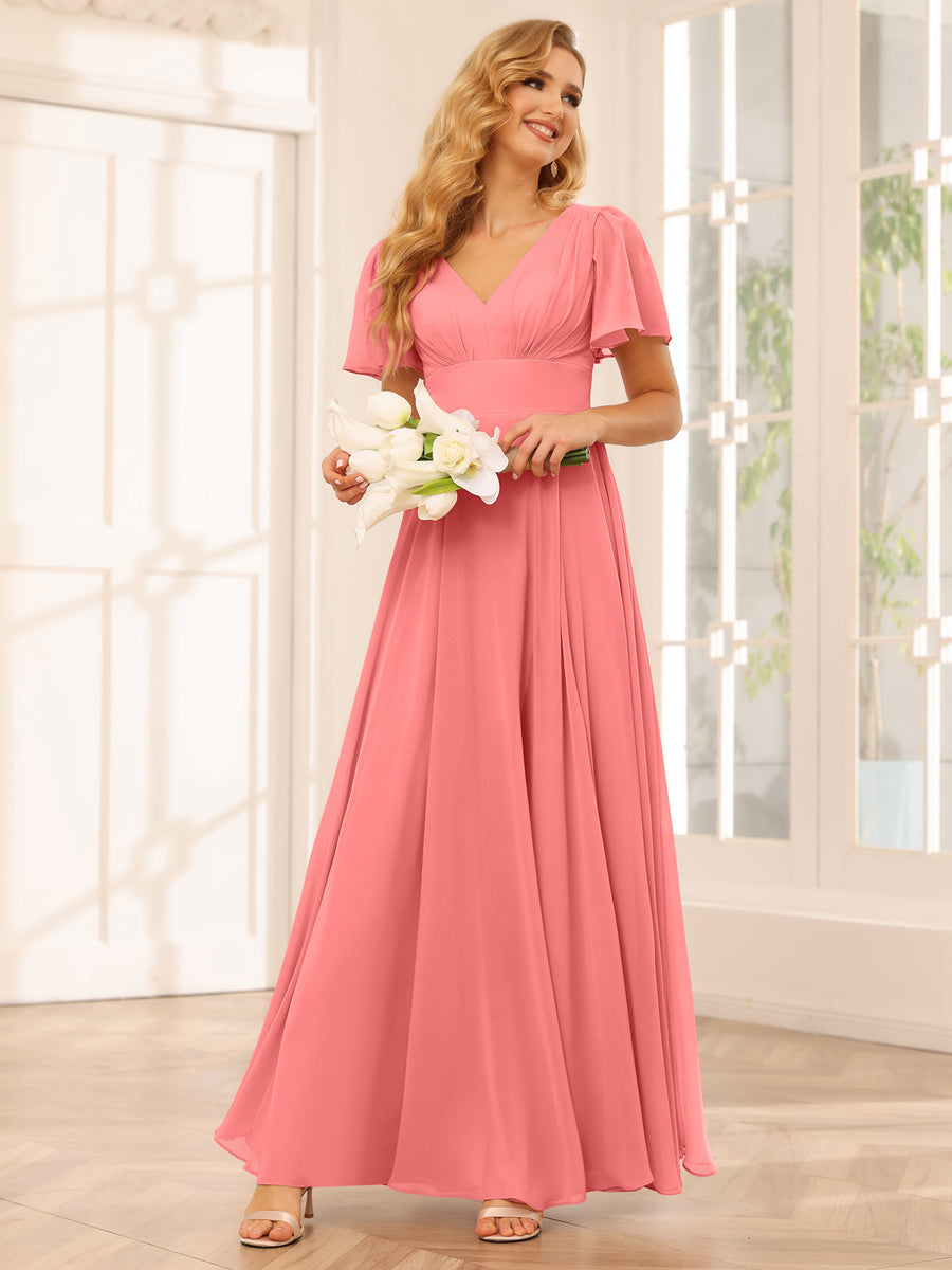 A-Line/Princess V-Neck Long Bridesmaid Dresses with Split Side Coral