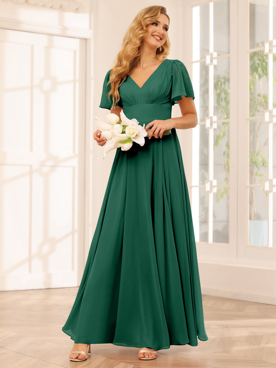 A-Line/Princess V-Neck Long Bridesmaid Dresses with Split Side Dark Green