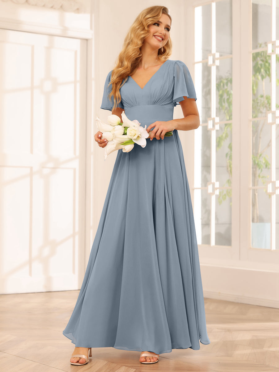 A-Line/Princess V-Neck Long Bridesmaid Dresses with Split Side Dusty Blue