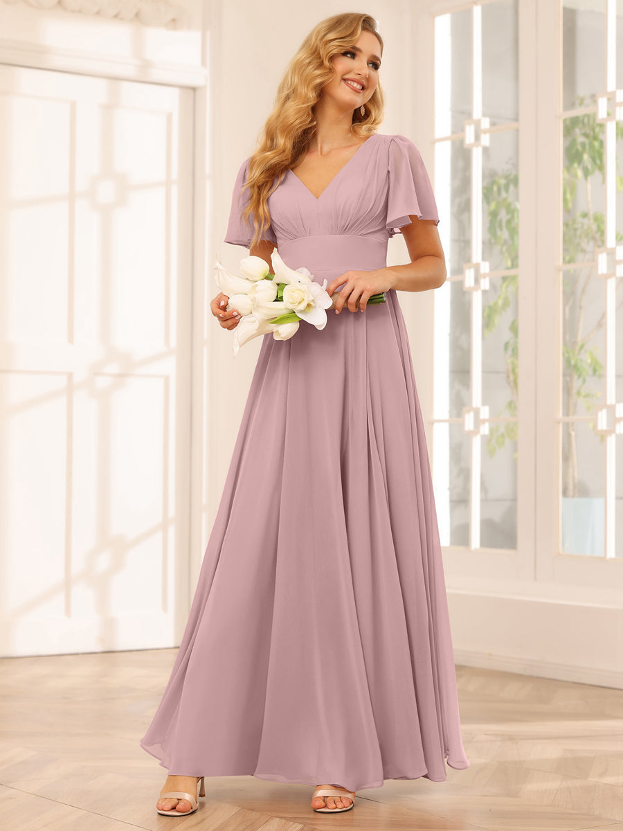 A-Line/Princess V-Neck Long Bridesmaid Dresses with Split Side Dusty Pink