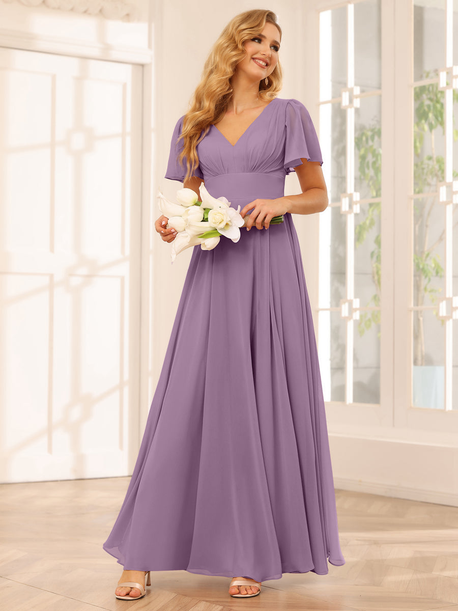 A-Line/Princess V-Neck Long Bridesmaid Dresses with Split Side Dusty Purple