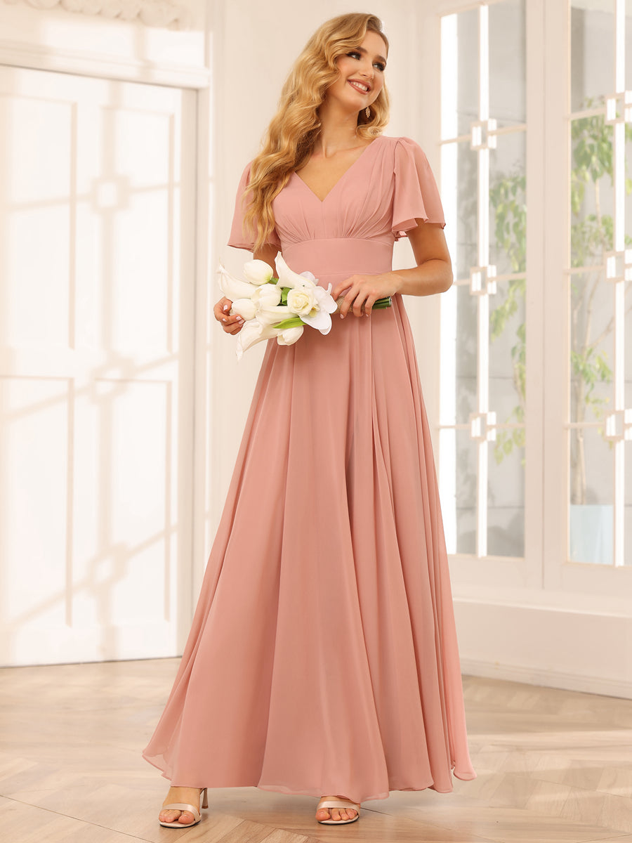 A-Line/Princess V-Neck Long Bridesmaid Dresses with Split Side Dusty Rose