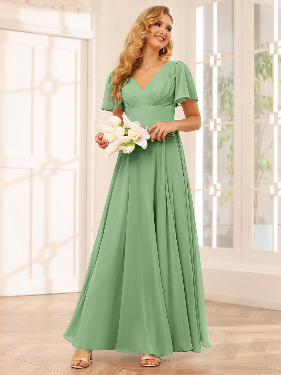 A-Line/Princess V-Neck Long Bridesmaid Dresses with Split Side Dusty Sage