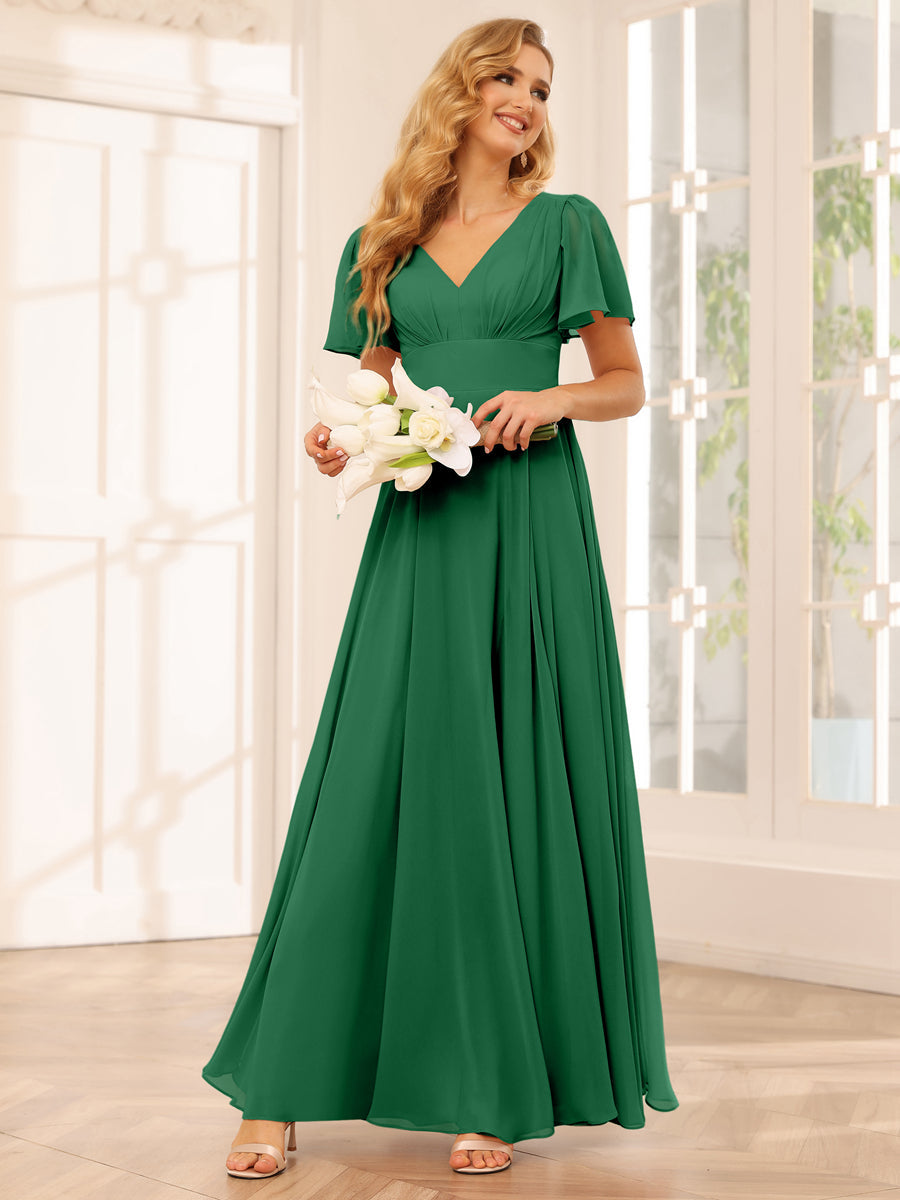 A-Line/Princess V-Neck Long Bridesmaid Dresses with Split Side Emerald