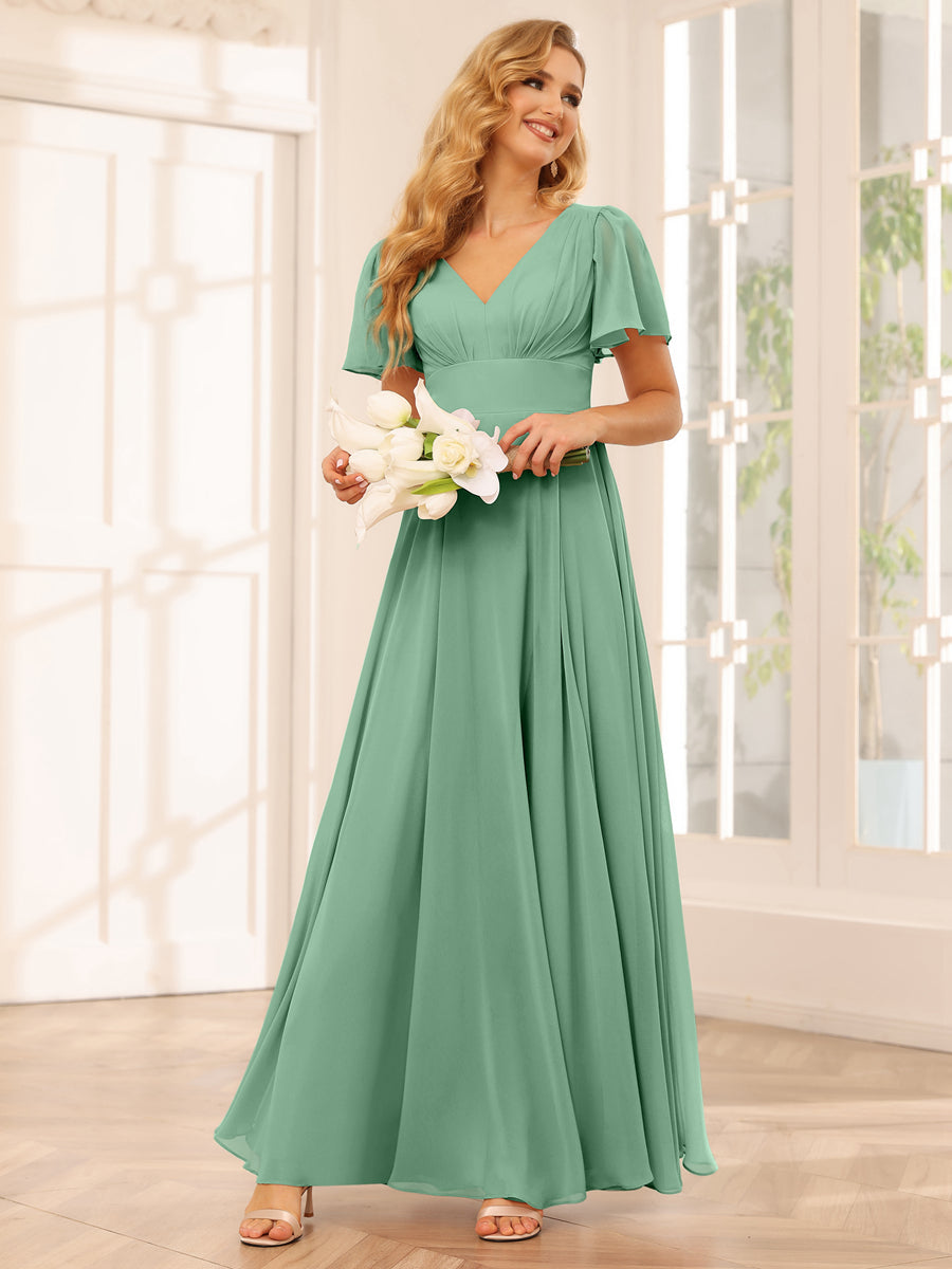 A-Line/Princess V-Neck Long Bridesmaid Dresses with Split Side Eucalyptus