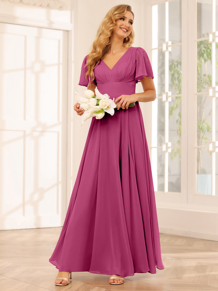 A-Line/Princess V-Neck Long Bridesmaid Dresses with Split Side Fuchsia