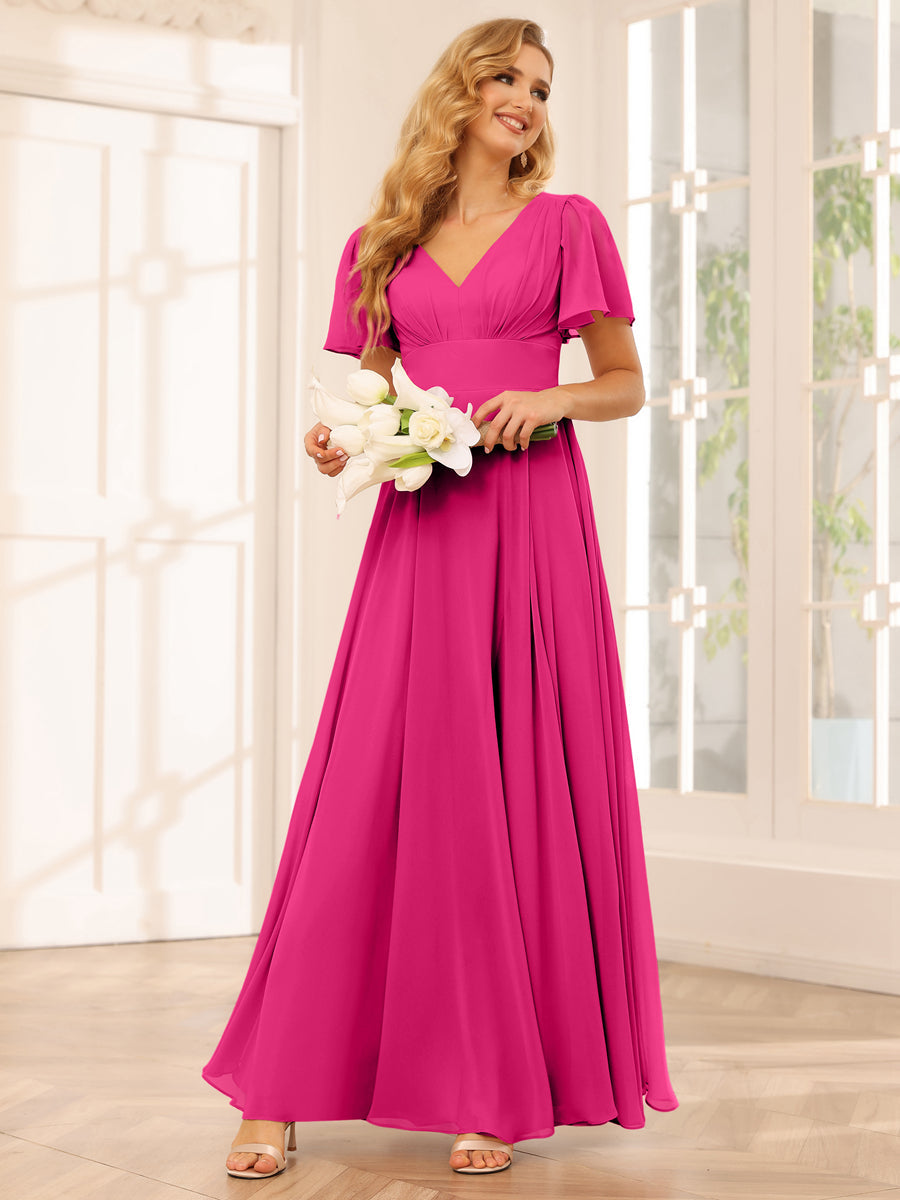 A-Line/Princess V-Neck Long Bridesmaid Dresses with Split Side Fuchsia Pink