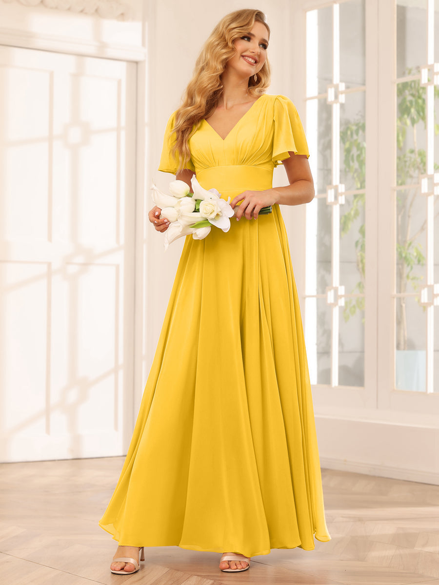 A-Line/Princess V-Neck Long Bridesmaid Dresses with Split Side Gold
