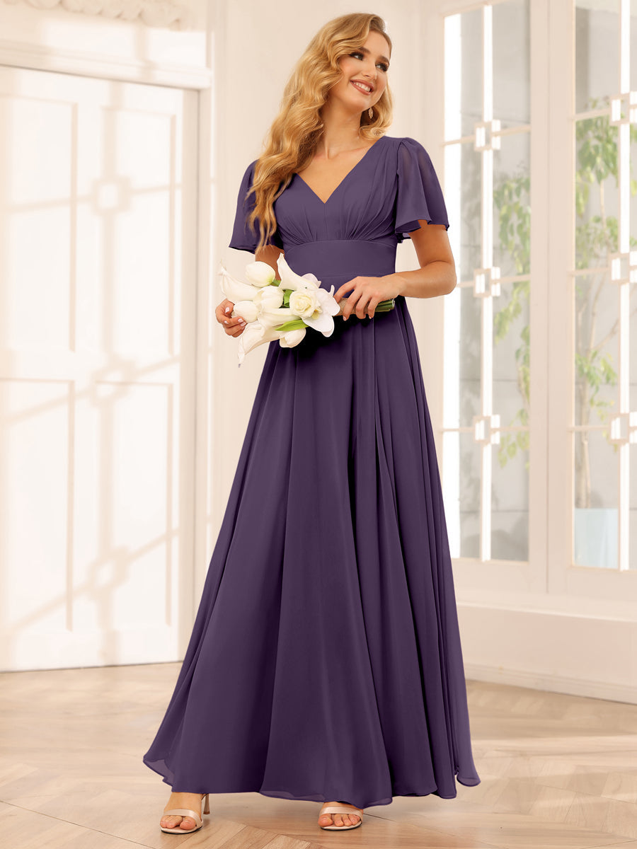 A-Line/Princess V-Neck Long Bridesmaid Dresses with Split Side Grape