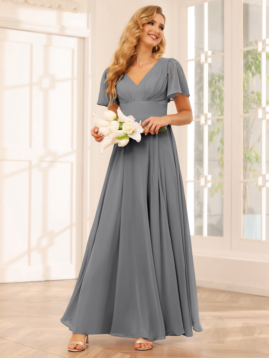 A-Line/Princess V-Neck Long Bridesmaid Dresses with Split Side Gray