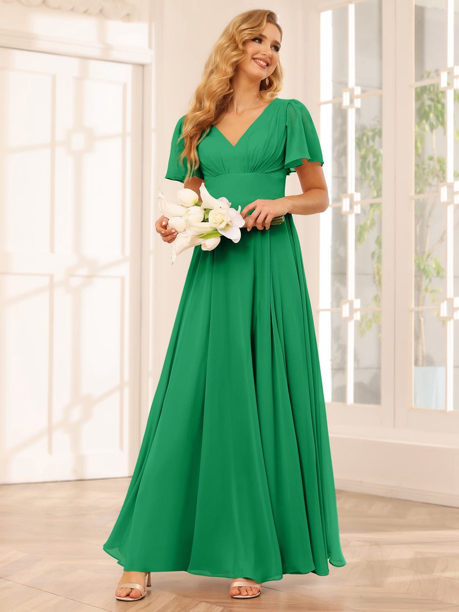 A-Line/Princess V-Neck Long Bridesmaid Dresses with Split Side Green