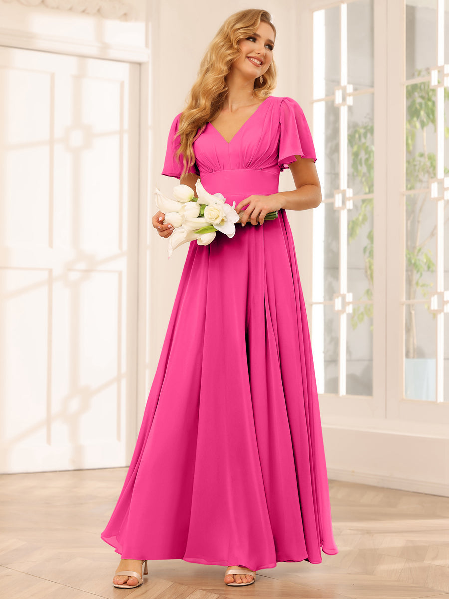 A-Line/Princess V-Neck Long Bridesmaid Dresses with Split Side Hot Pink