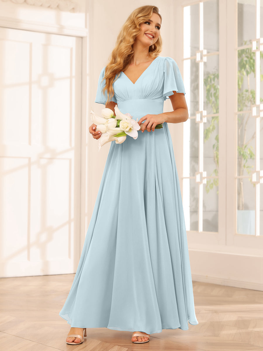 A-Line/Princess V-Neck Long Bridesmaid Dresses with Split Side Light Blue
