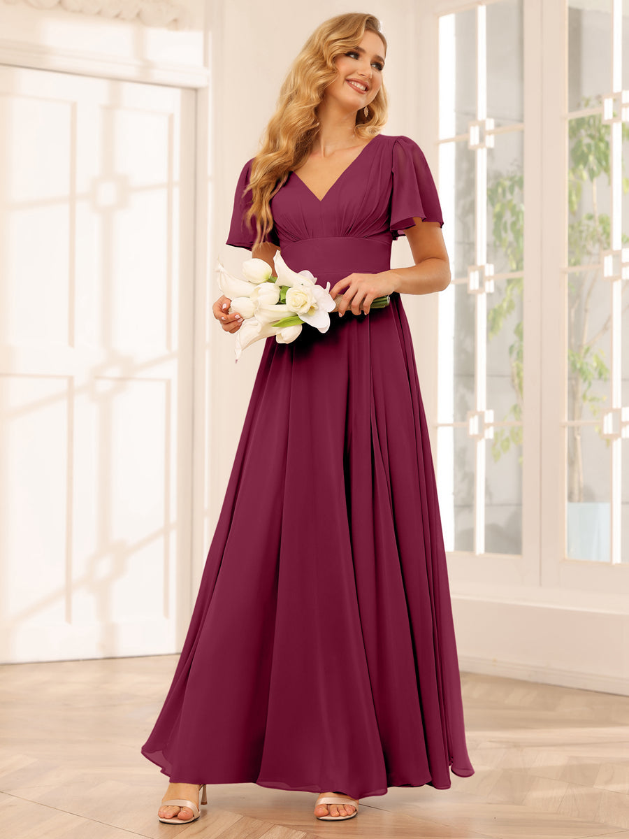 A-Line/Princess V-Neck Long Bridesmaid Dresses with Split Side Light Burgundy