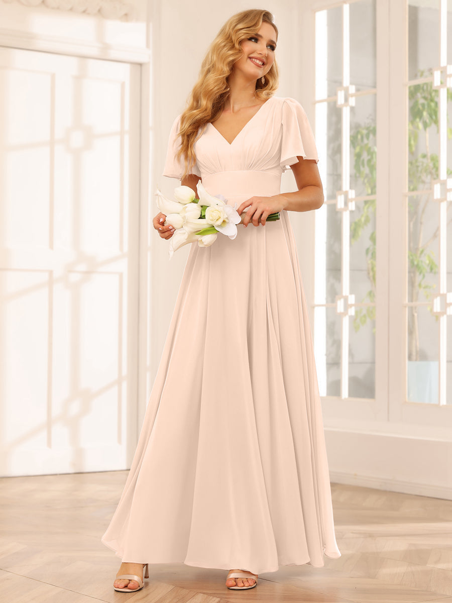 A-Line/Princess V-Neck Long Bridesmaid Dresses with Split Side Light Champagne