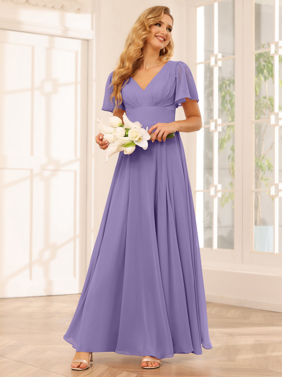 A-Line/Princess V-Neck Long Bridesmaid Dresses with Split Side Light Purple