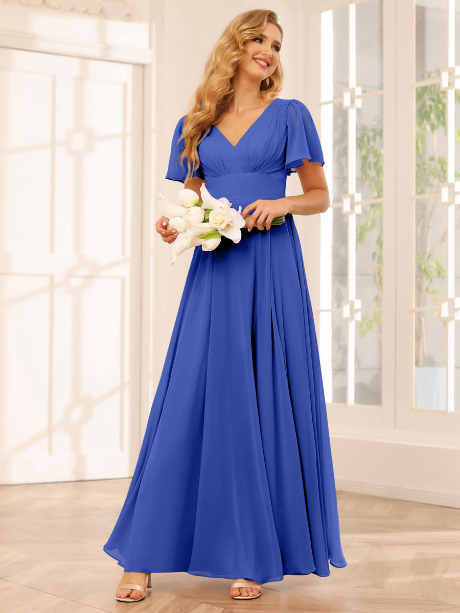 A-Line/Princess V-Neck Long Bridesmaid Dresses with Split Side Light Royal Blue