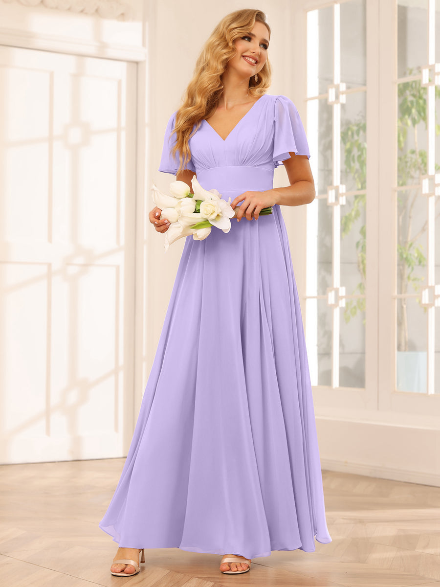 A-Line/Princess V-Neck Long Bridesmaid Dresses with Split Side Lilac