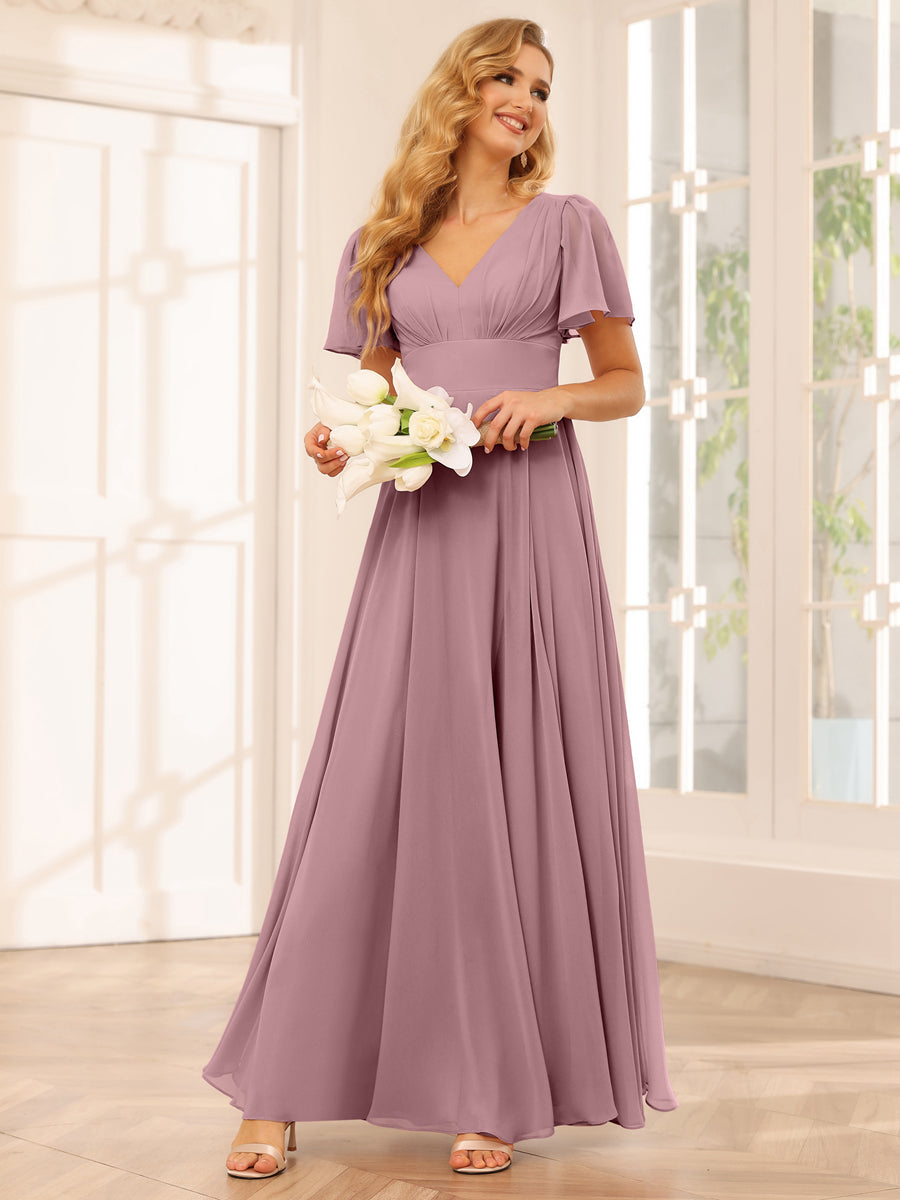 A-Line/Princess V-Neck Long Bridesmaid Dresses with Split Side Mauve