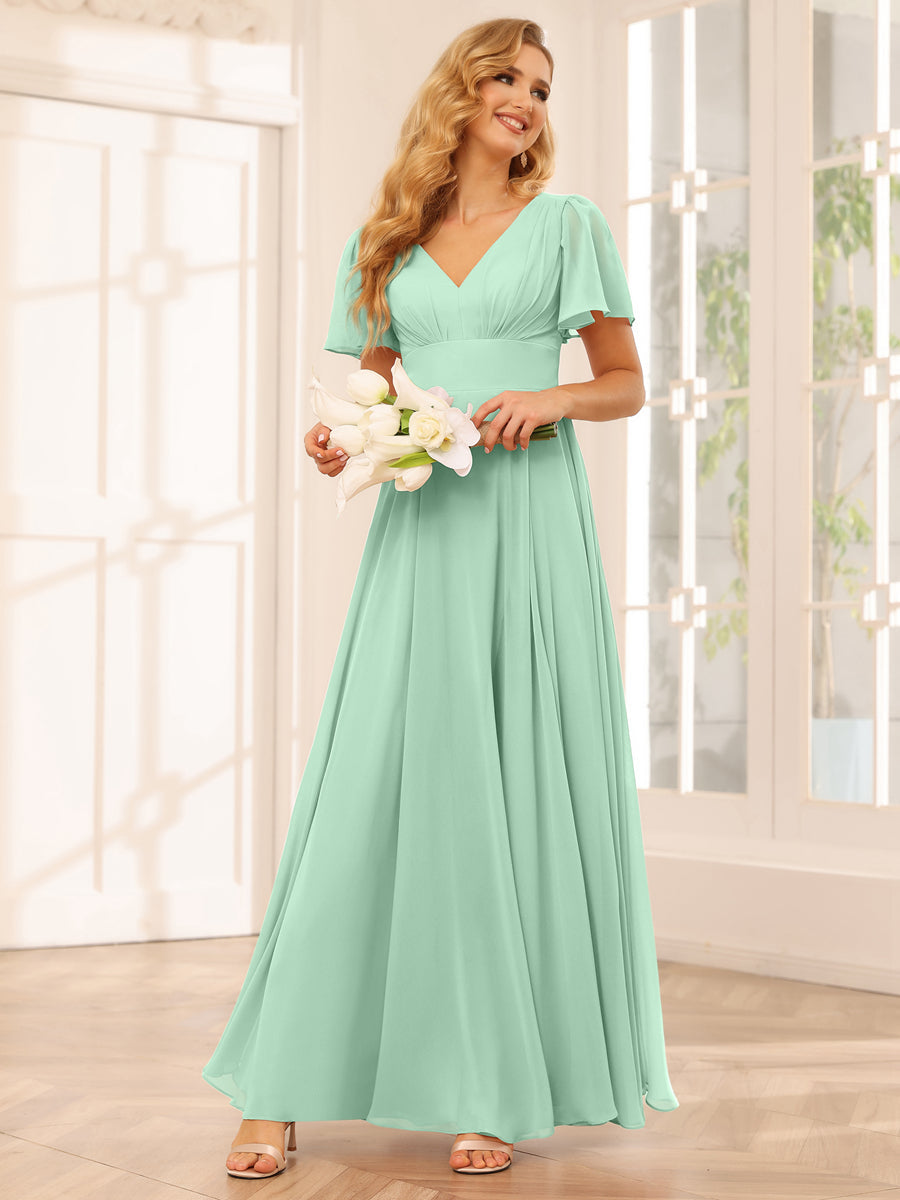 A-Line/Princess V-Neck Long Bridesmaid Dresses with Split Side Mint Green
