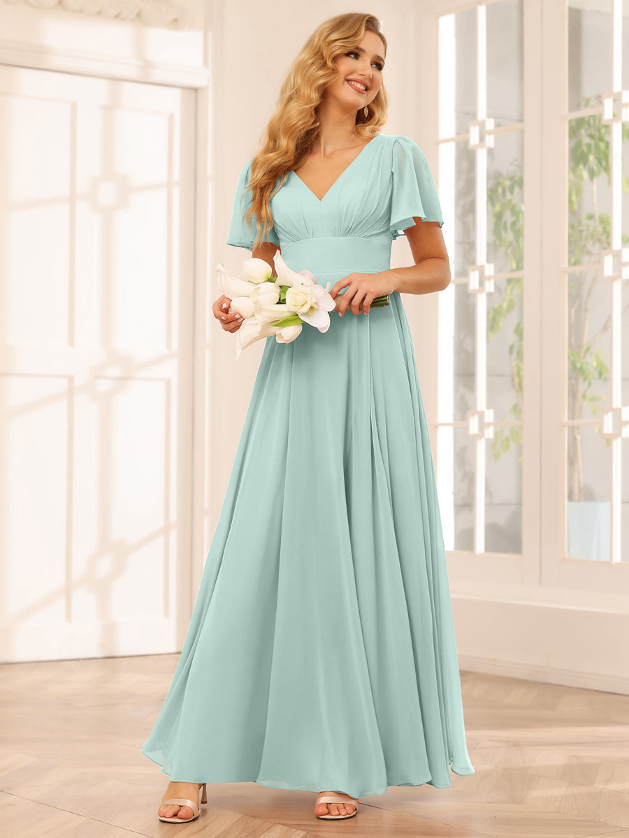A-Line/Princess V-Neck Long Bridesmaid Dresses with Split Side Mist Blue