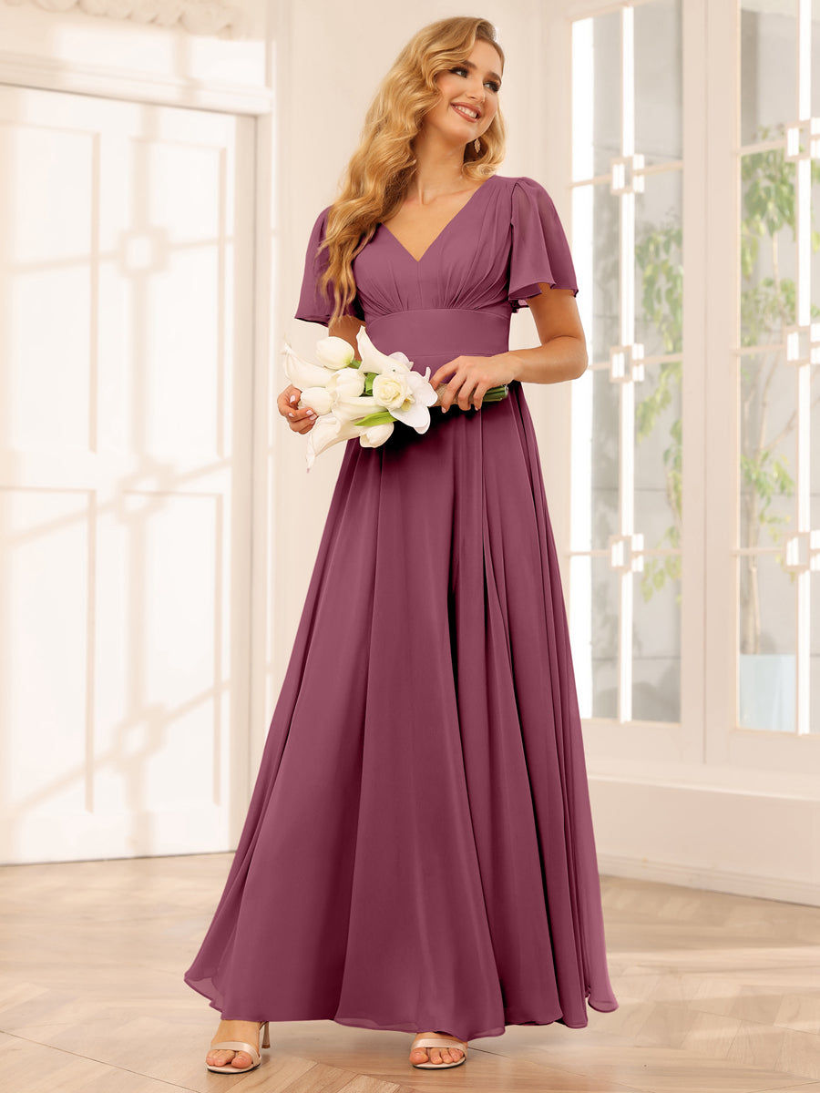 A-Line/Princess V-Neck Long Bridesmaid Dresses with Split Side Mulberry