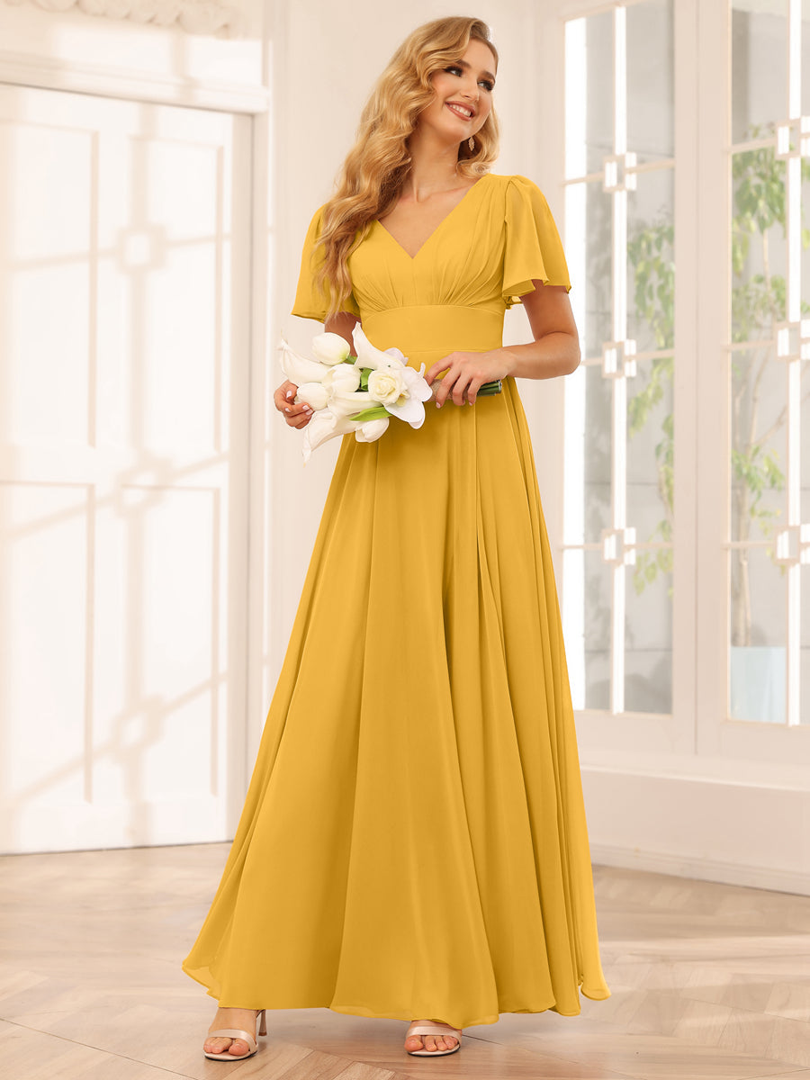 A-Line/Princess V-Neck Long Bridesmaid Dresses with Split Side Mustard Yellow