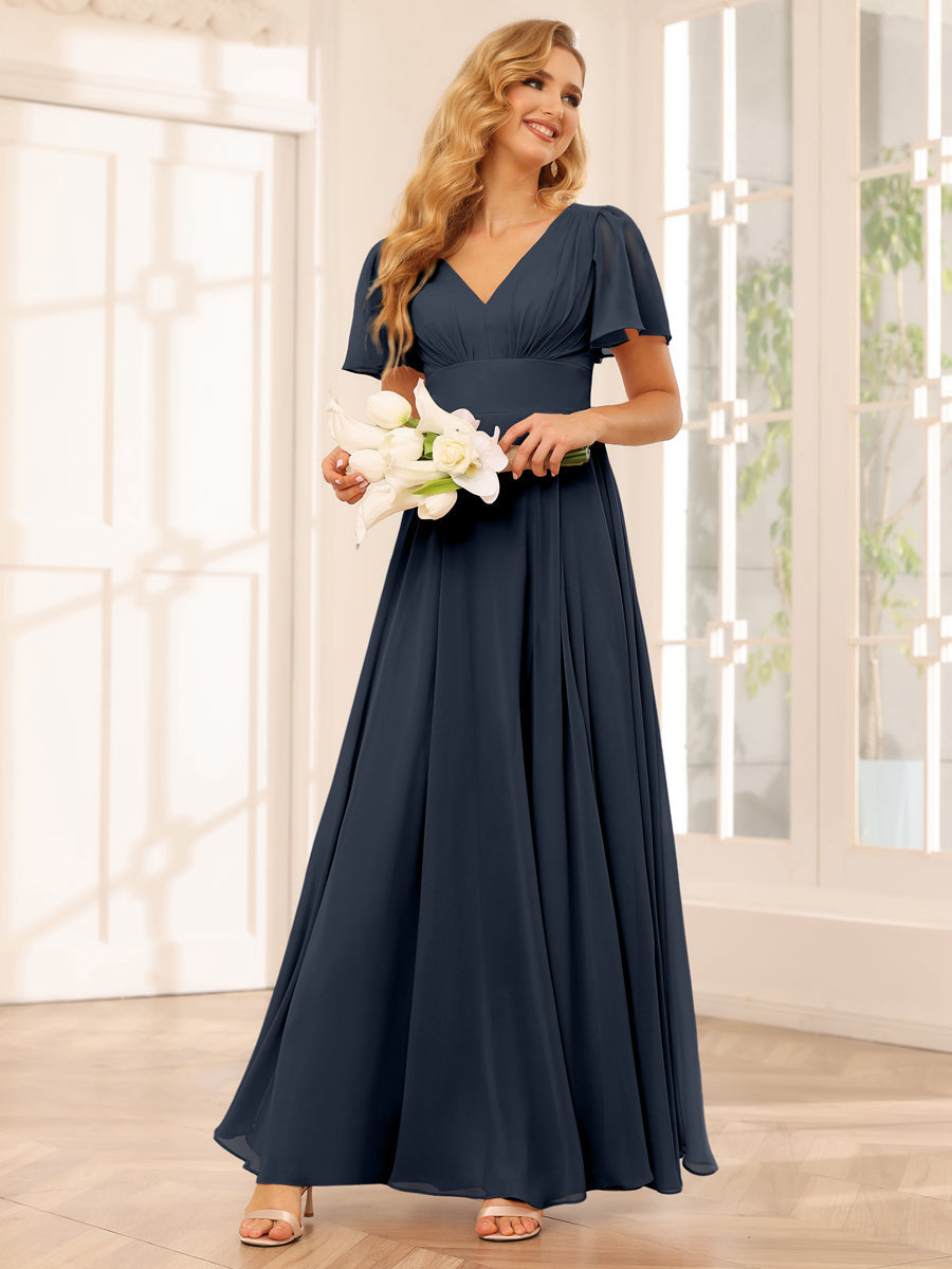 A-Line/Princess V-Neck Long Bridesmaid Dresses with Split Side Navy Blue