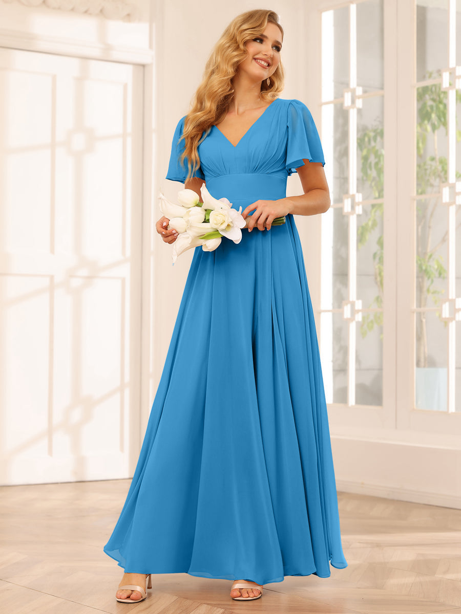 A-Line/Princess V-Neck Long Bridesmaid Dresses with Split Side Ocean Blue