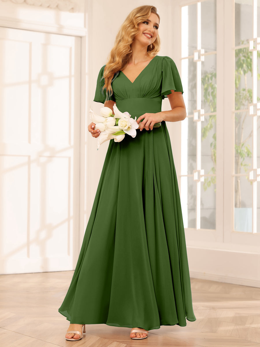 A-Line/Princess V-Neck Long Bridesmaid Dresses with Split Side Olive Green