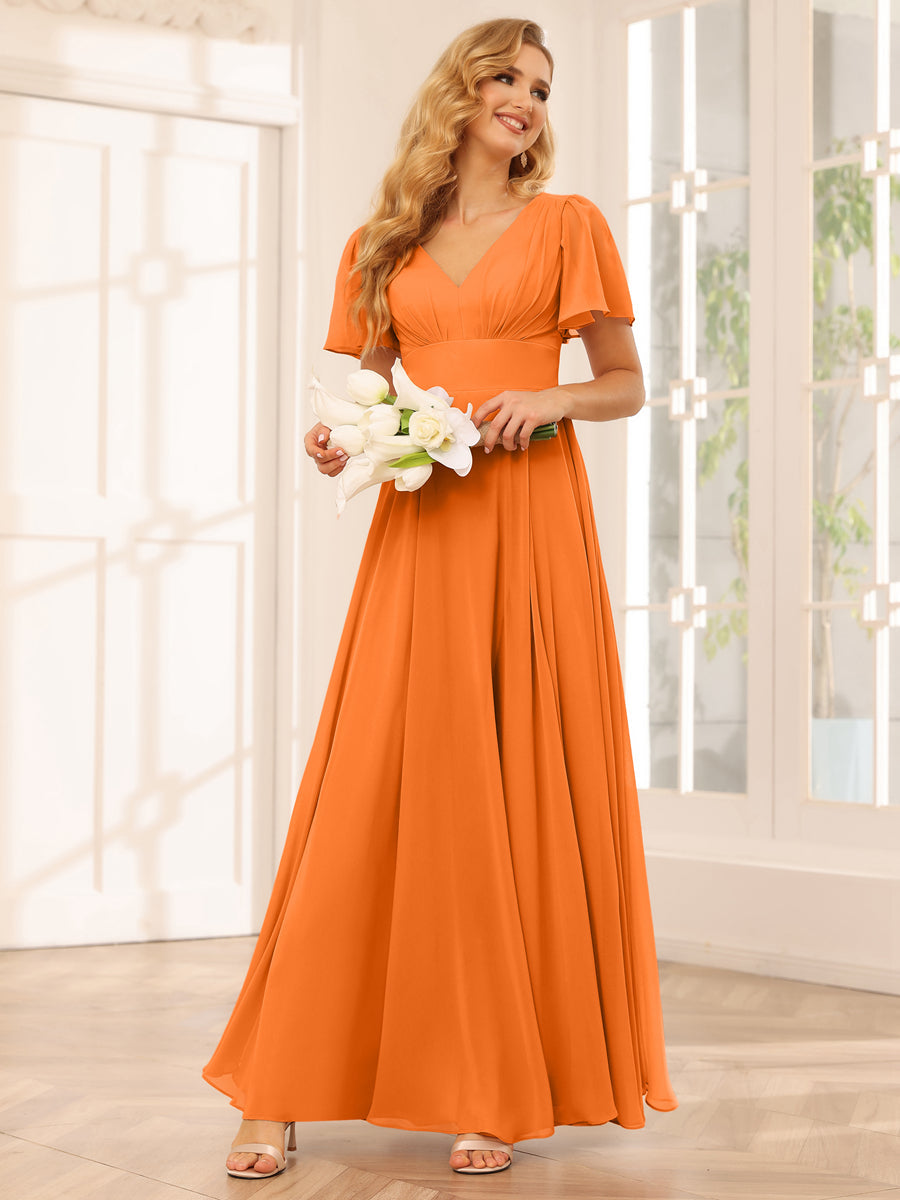 A-Line/Princess V-Neck Long Bridesmaid Dresses with Split Side Orange
