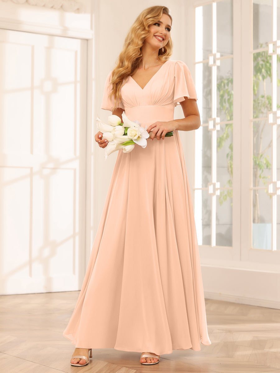 A-Line/Princess V-Neck Long Bridesmaid Dresses with Split Side Peach Pink