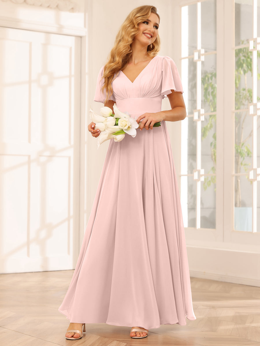 A-Line/Princess V-Neck Long Bridesmaid Dresses with Split Side Pearl Pink