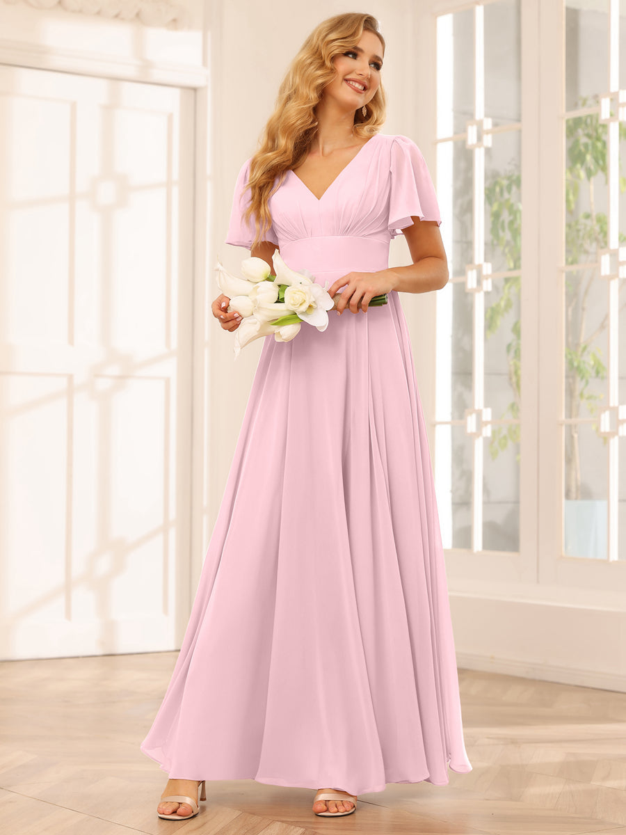 A-Line/Princess V-Neck Long Bridesmaid Dresses with Split Side Pink