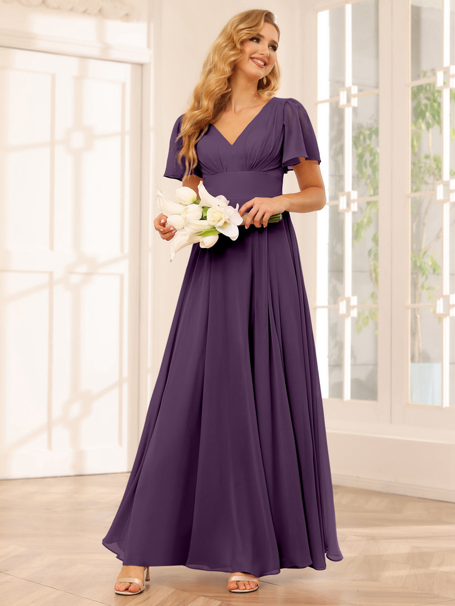 A-Line/Princess V-Neck Long Bridesmaid Dresses with Split Side Plum