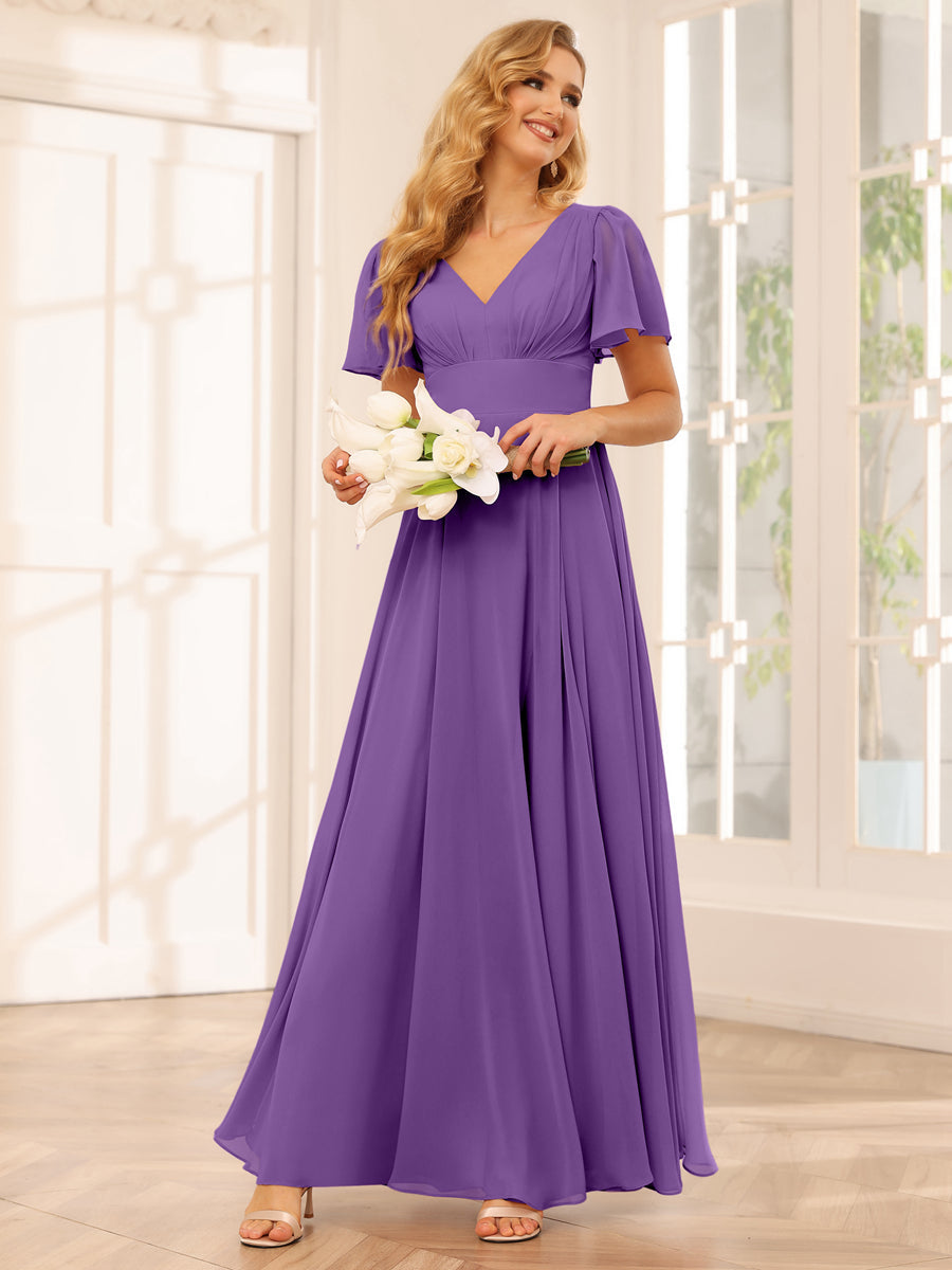 A-Line/Princess V-Neck Long Bridesmaid Dresses with Split Side Purple