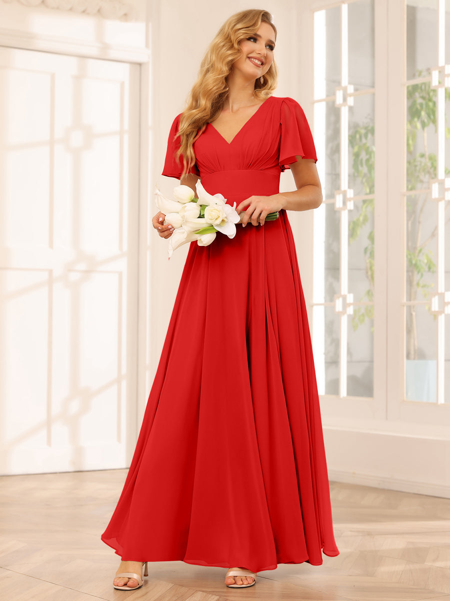 A-Line/Princess V-Neck Long Bridesmaid Dresses with Split Side Red