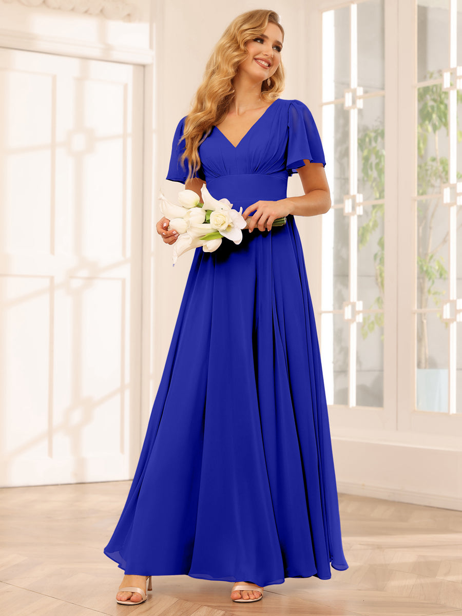 A-Line/Princess V-Neck Long Bridesmaid Dresses with Split Side Royal Blue