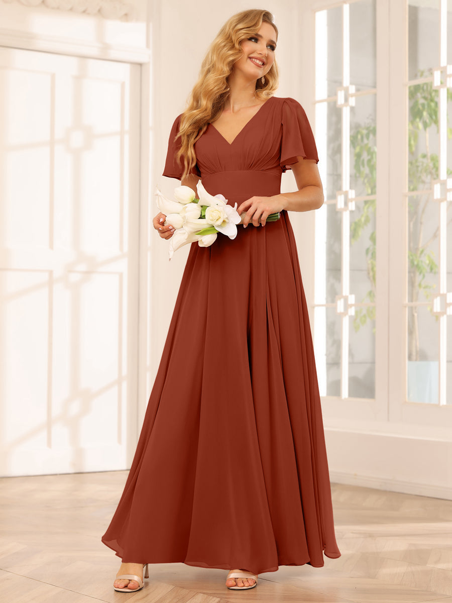 A-Line/Princess V-Neck Long Bridesmaid Dresses with Split Side Rust