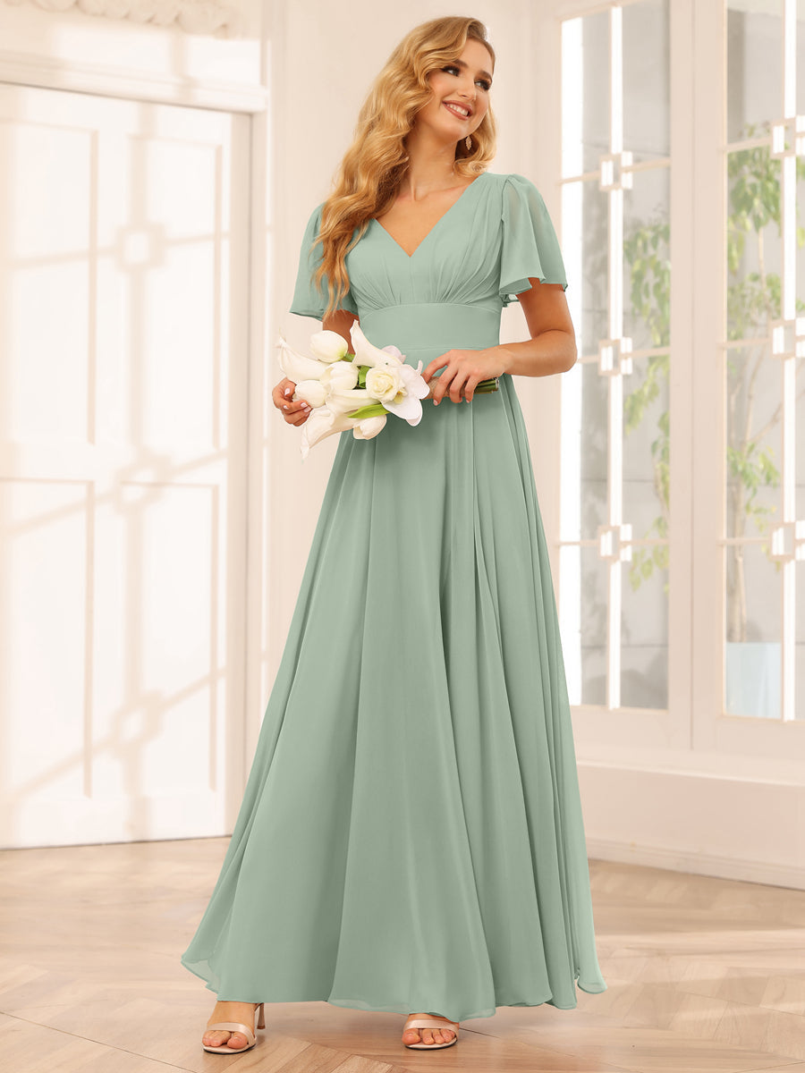 A-Line/Princess V-Neck Long Bridesmaid Dresses with Split Side Sage
