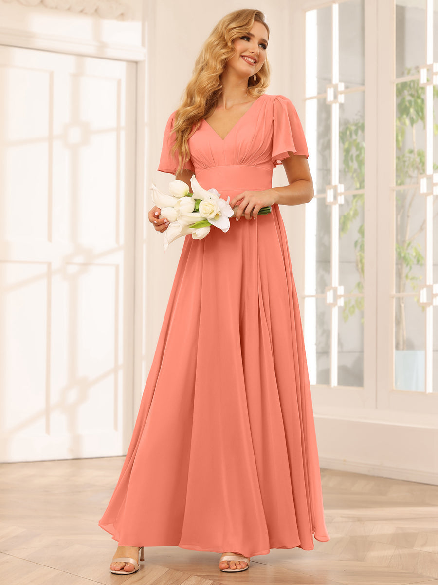 A-Line/Princess V-Neck Long Bridesmaid Dresses with Split Side Salmon