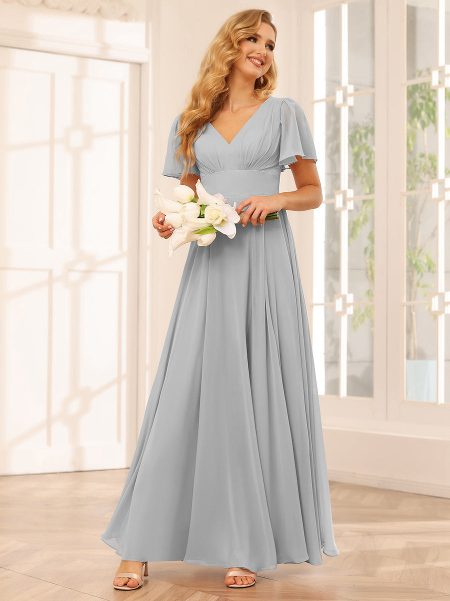 A-Line/Princess V-Neck Long Bridesmaid Dresses with Split Side Silver