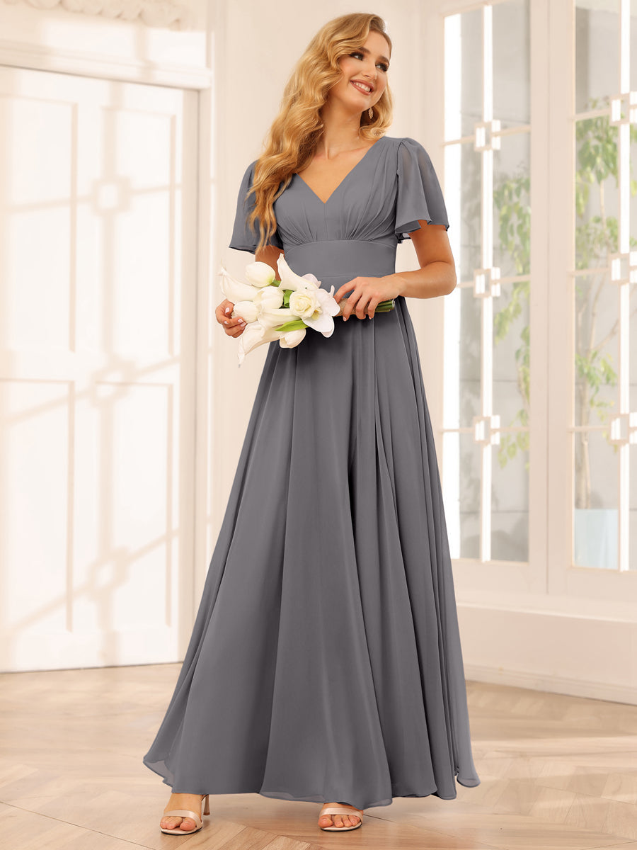 A-Line/Princess V-Neck Long Bridesmaid Dresses with Split Side Silver Gray