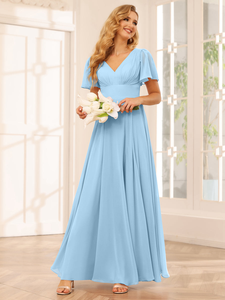 A-Line/Princess V-Neck Long Bridesmaid Dresses with Split Side Sky Blue