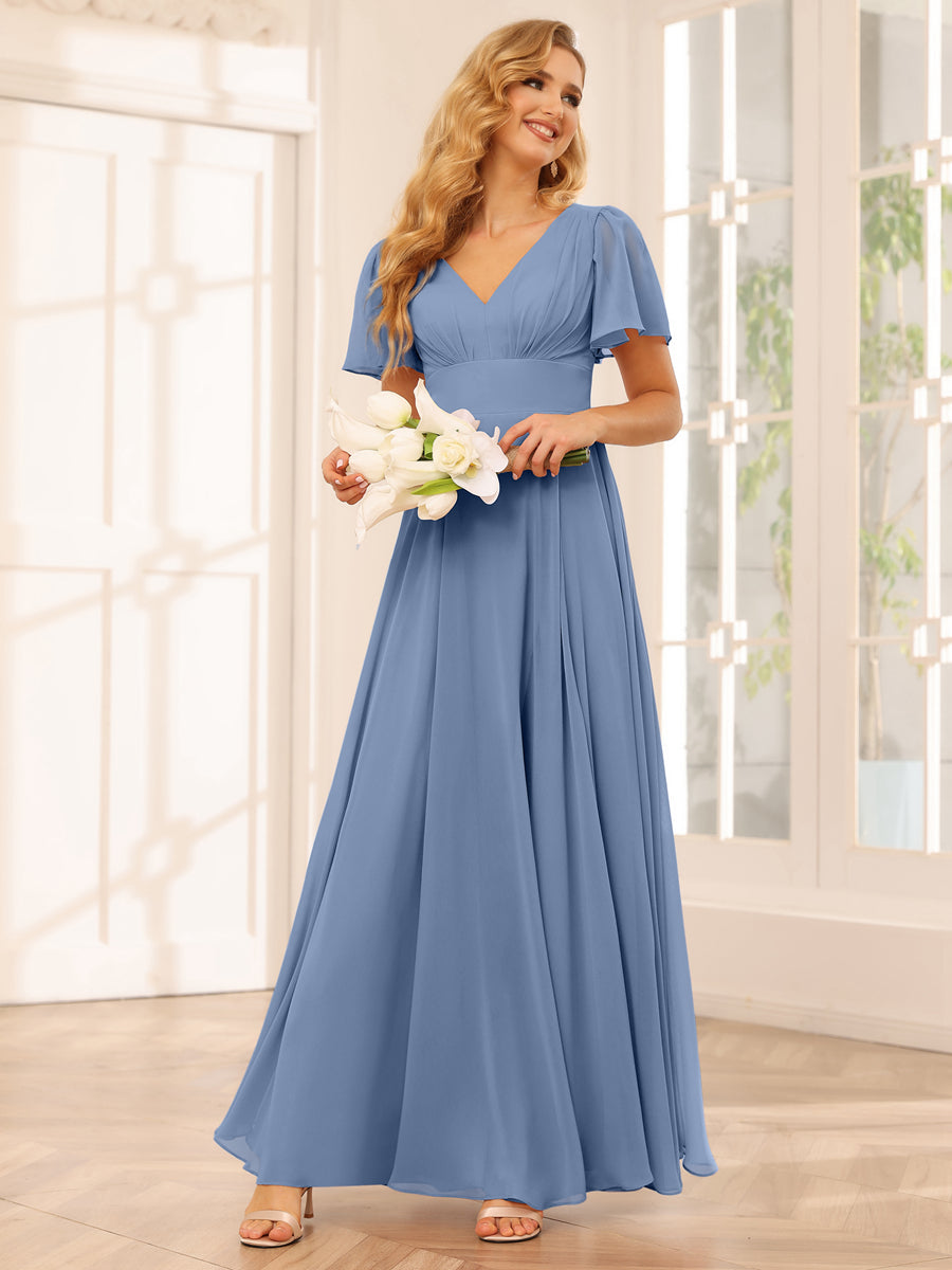A-Line/Princess V-Neck Long Bridesmaid Dresses with Split Side Steel Blue