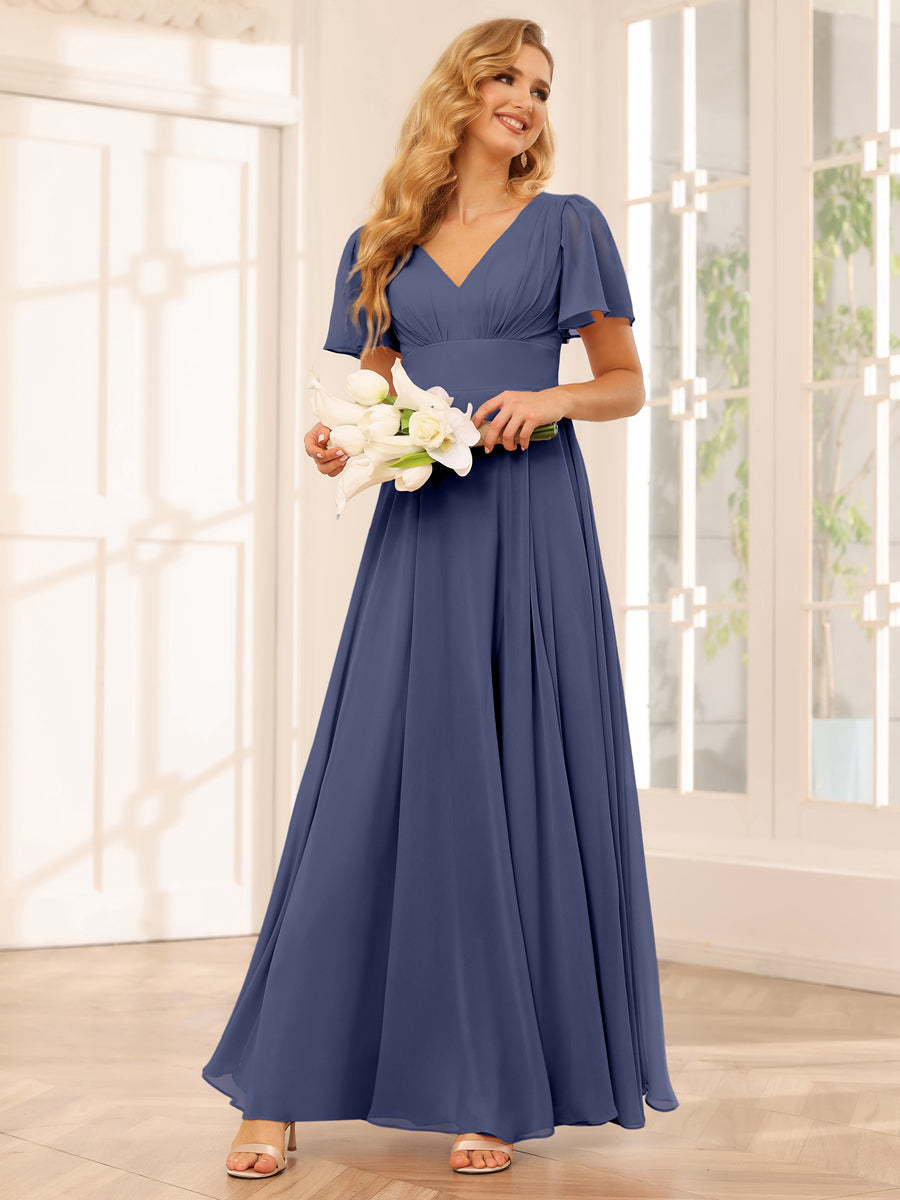 A-Line/Princess V-Neck Long Bridesmaid Dresses with Split Side Stormy Blue