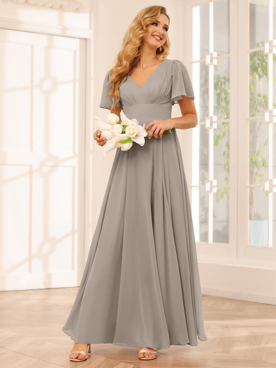 A-Line/Princess V-Neck Long Bridesmaid Dresses with Split Side Taupe